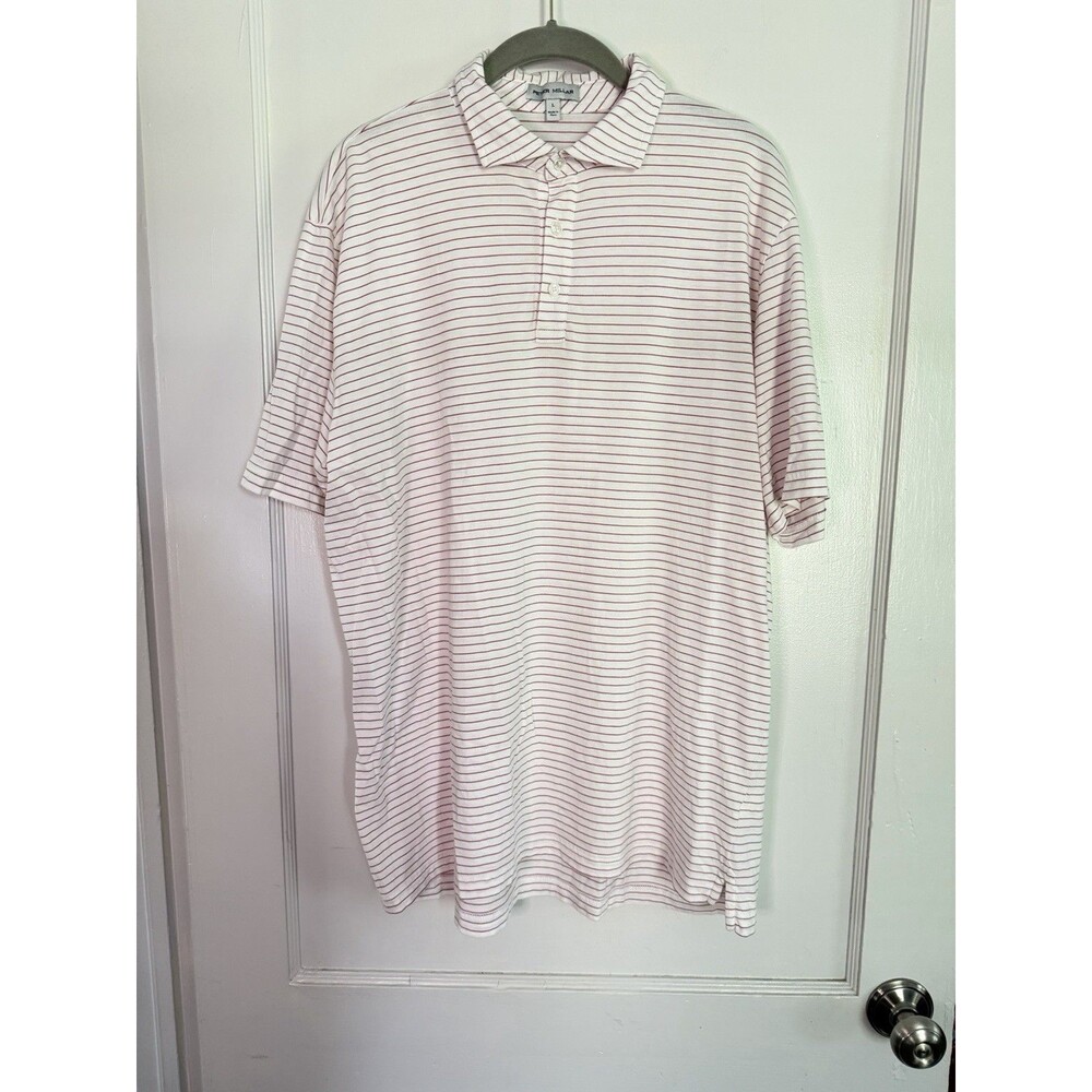 Peter Millar Men's Large Polo 100% Pima Cotton White Pink Stripe Golf Shirt